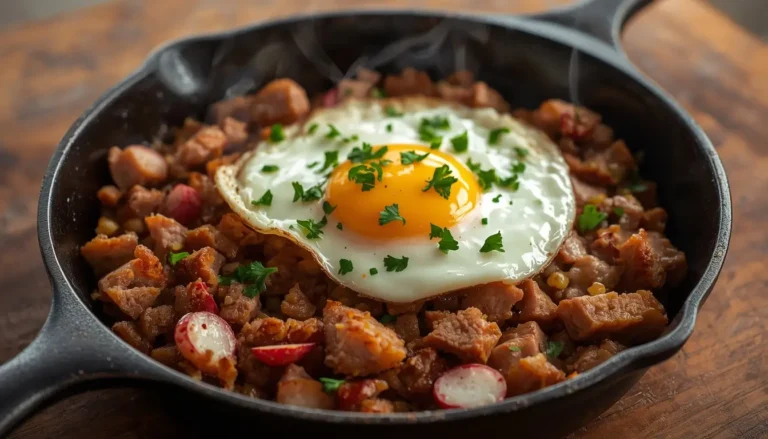 Keto corned beef hash with radishes served in a cast iron skillet topped with a fried egg