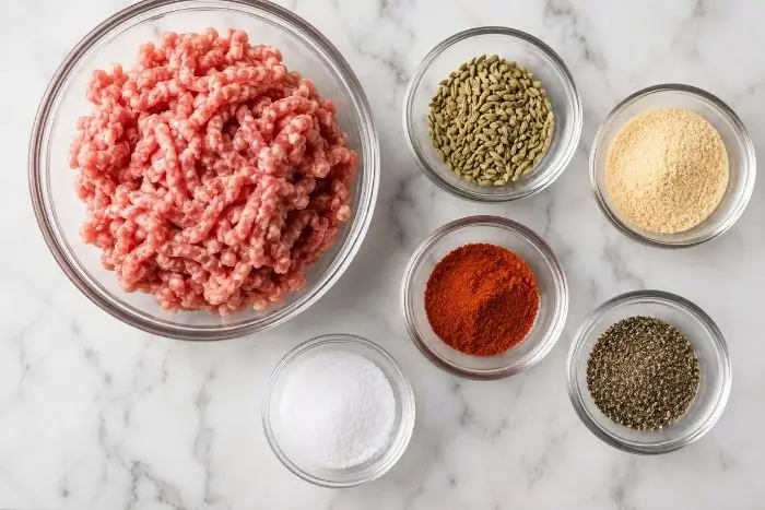 Keto Breakfast Sausage 2 Ingredients for keto friendly breakfast sausage laid out on a countertop