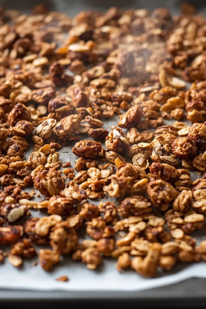Keto Granola 3 Keto granola spread on a baking sheet after toasting in the oven