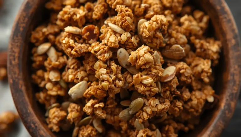 Overhead view of homemade keto granola in a wooden bowl
