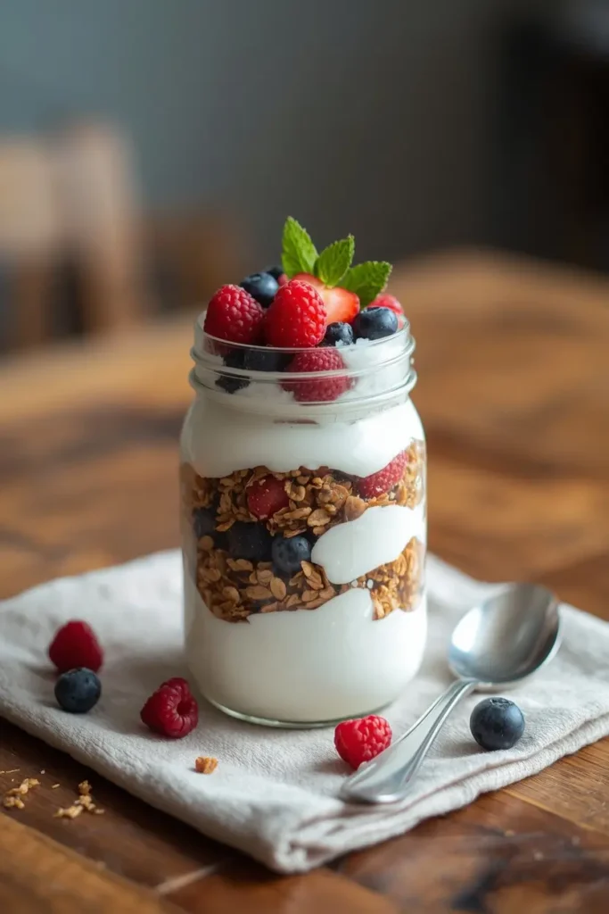 Keto Granola 4 Keto granola layered with Greek yogurt and berries in a glass jar