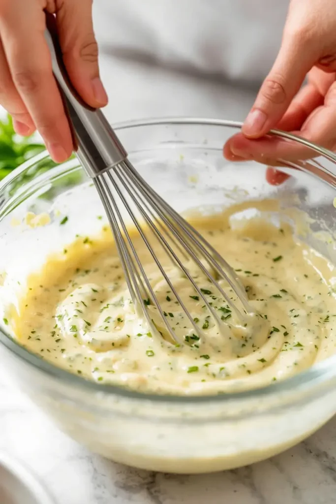 Jalapeno Ranch Dressing 3 Whisking jalapeno ranch dressing in a glass bowl until smooth and creamy