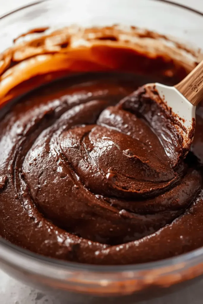 Protein Brownie 3 Mixing glossy protein brownie batter in a glass bowl