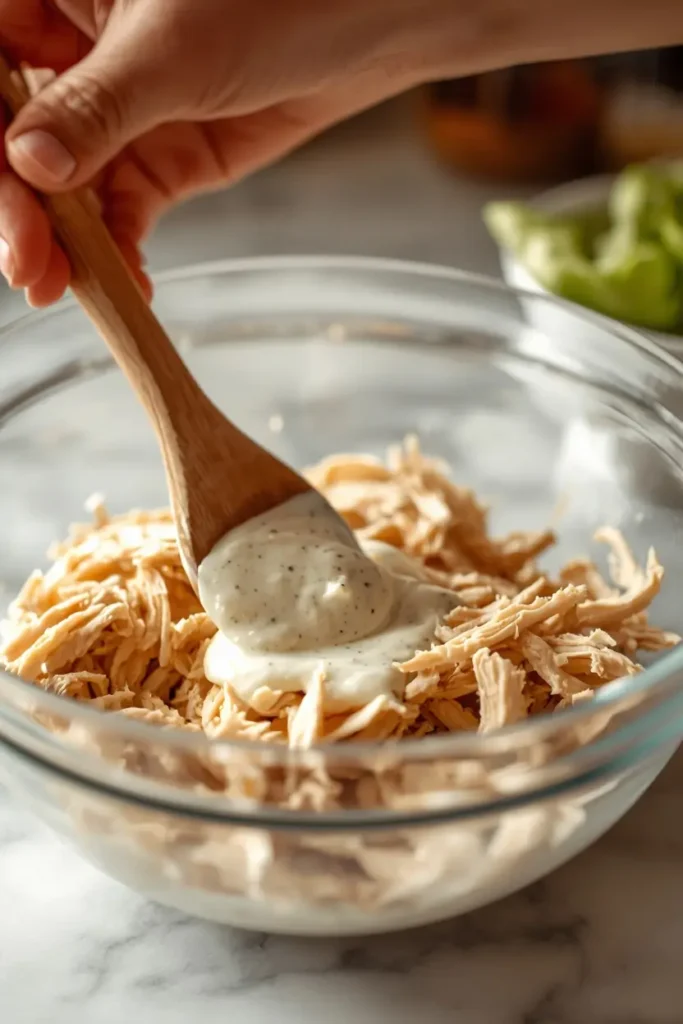 Ranch Chicken Salad 3 Hand stirring ranch chicken salad ingredients together in a glass bowl
