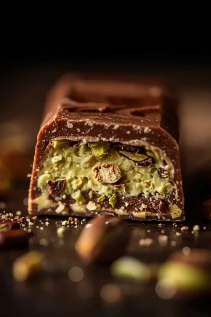 Cross-section close-up of a keto pistachio chocolate bar showing layered texture