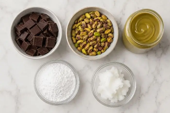 Flat lay of ingredients for a keto pistachio chocolate bar recipe