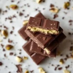 Stack of homemade pistachio chocolate bars with creamy filling and chopped pistachios