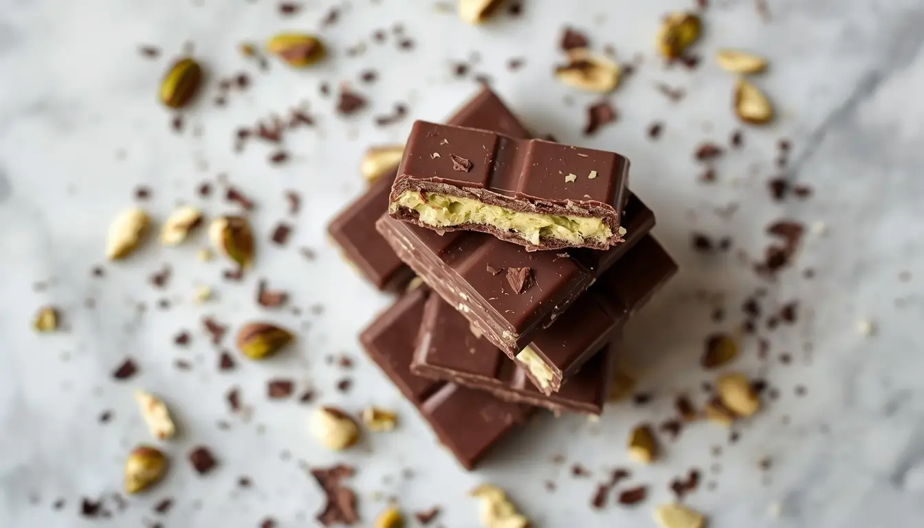 Stack of homemade pistachio chocolate bars with creamy filling and chopped pistachios