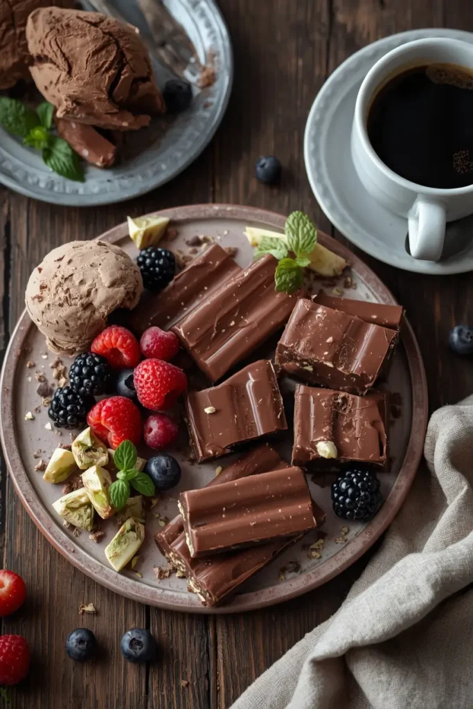 Pistachio chocolate bar served on a dessert board with coffee and berries