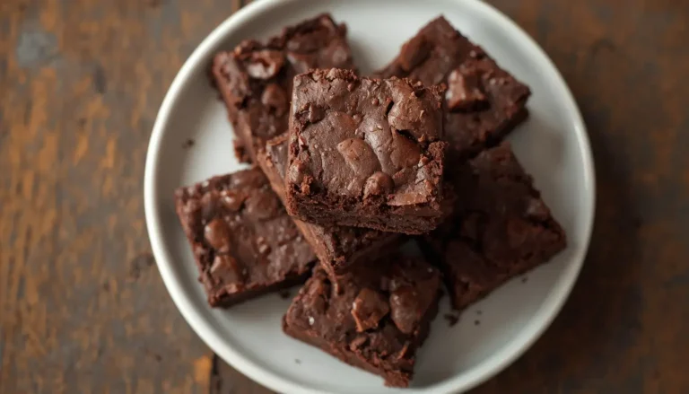 Stacked protein brownie squares on a white plate, keto dessert recipe