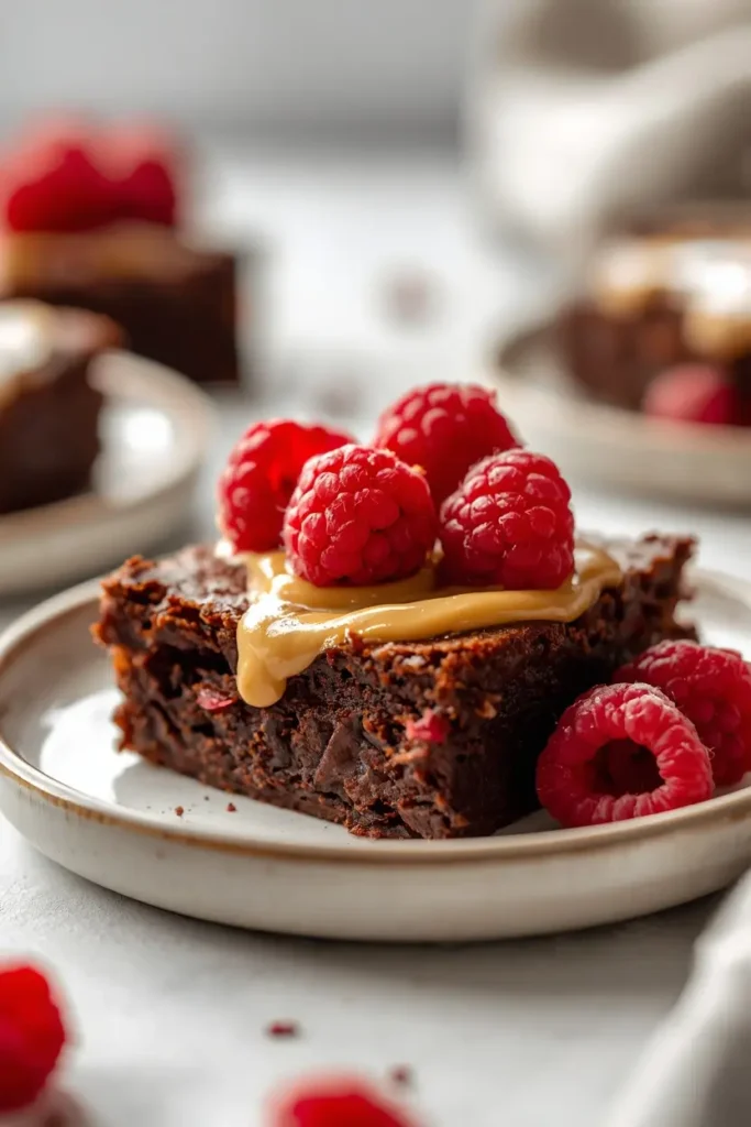 Protein Brownie 5 Protein brownie topped with peanut butter and fresh berries