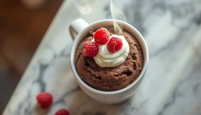 Protein mug cake topped with whipped cream and raspberries in a white mug