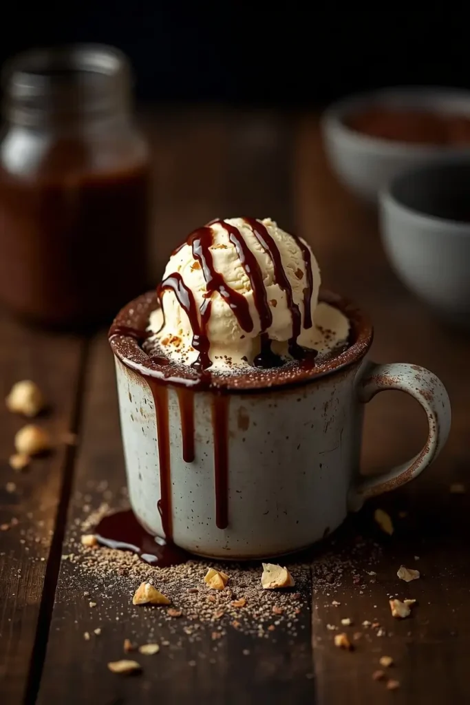 Protein Mug Cake 4 Protein mug cake served with low-carb ice cream and chocolate drizzle