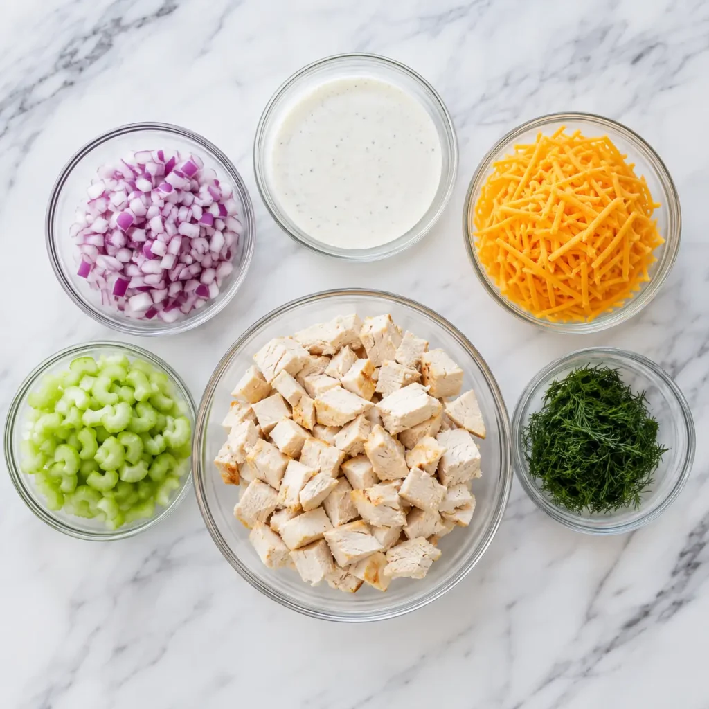 Ranch Chicken Salad 2 Overhead flat lay of ingredients for ranch chicken salad including chicken, celery, and ranch dressing