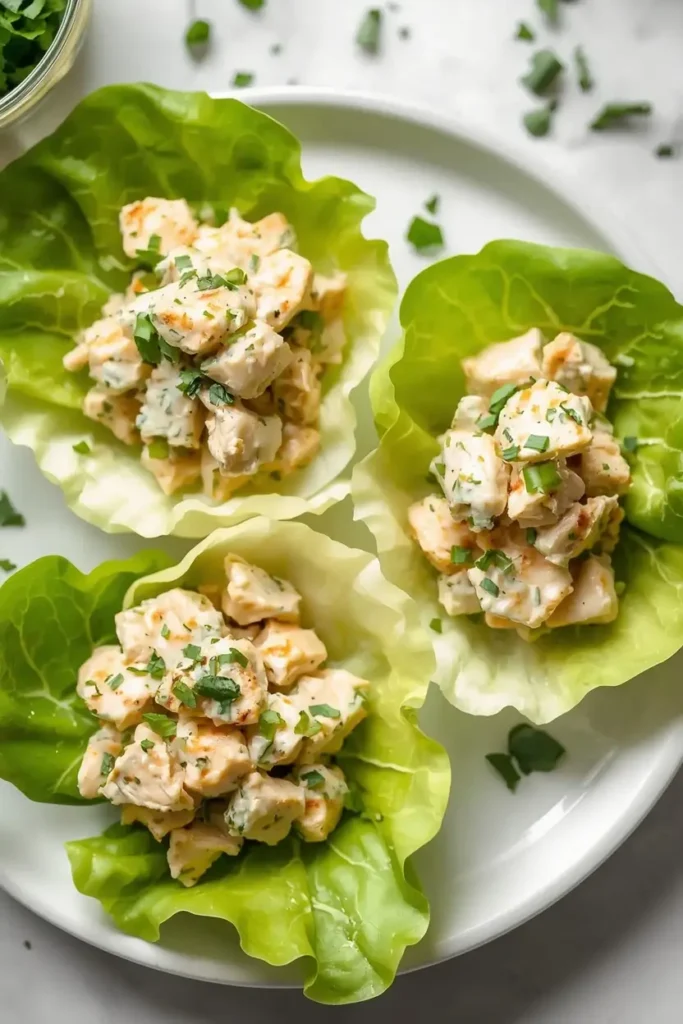Ranch Chicken Salad 4 Ranch chicken salad served in lettuce wraps on a white plate