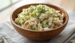 Ranch Chicken Salad Creamy ranch chicken salad in a wooden bowl with celery and fresh dill
