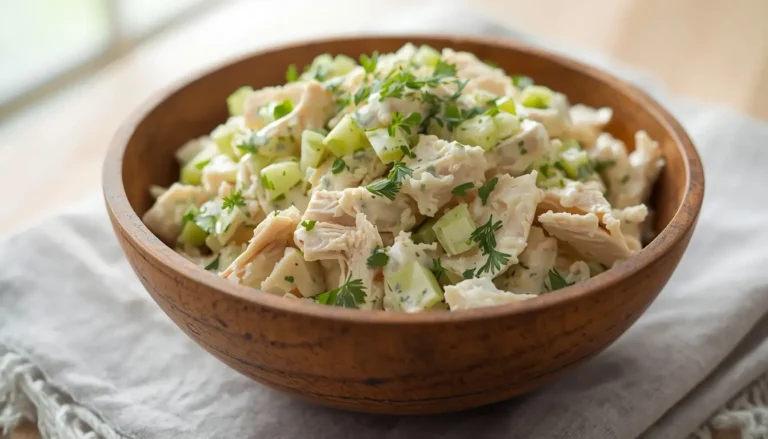 Creamy ranch chicken salad in a wooden bowl with celery and fresh dill