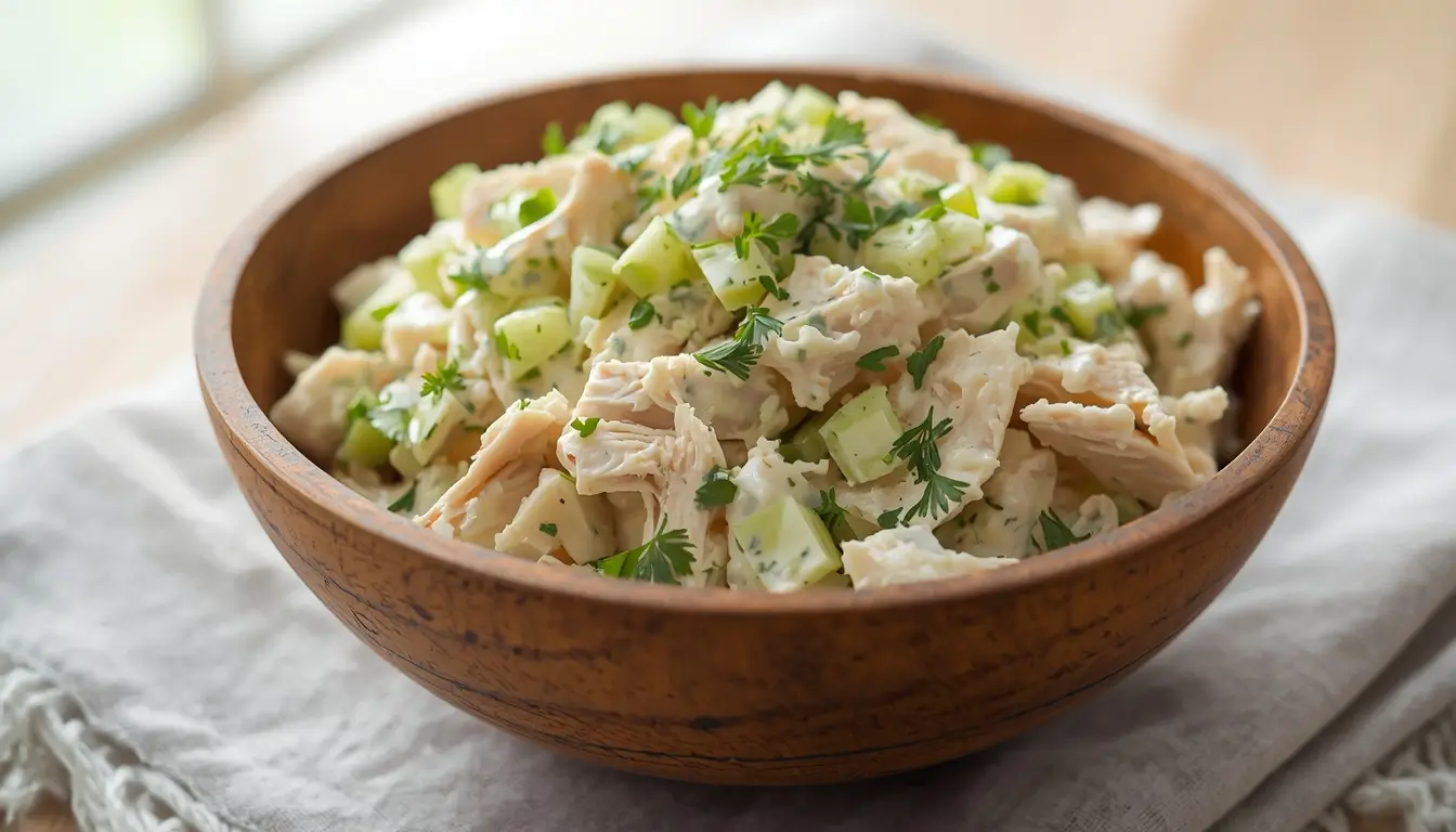 Ranch Chicken Salad 1 Creamy ranch chicken salad in a wooden bowl with celery and fresh dill