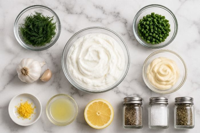 Fresh ingredients for ranch salad dressing with greek yogurt including herbs, garlic, and lemon