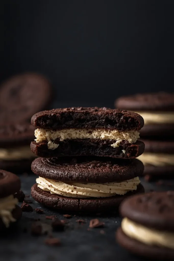 Healthy Oreos 3 Stacked healthy oreos with cream filling, one cookie broken in half