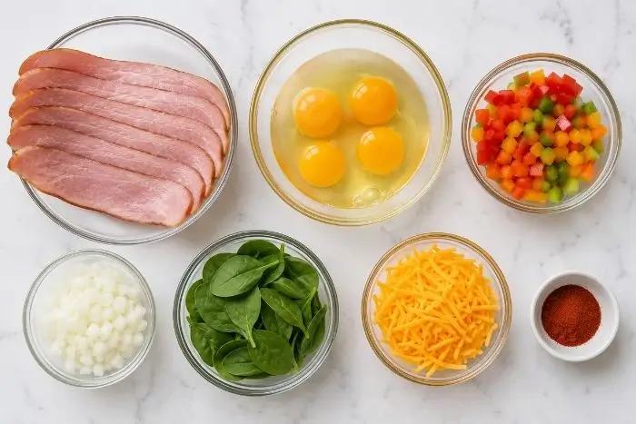 Turkey Bacon Breakfast Skillet 2 Raw ingredients for turkey bacon breakfast including turkey bacon, eggs, and vegetables