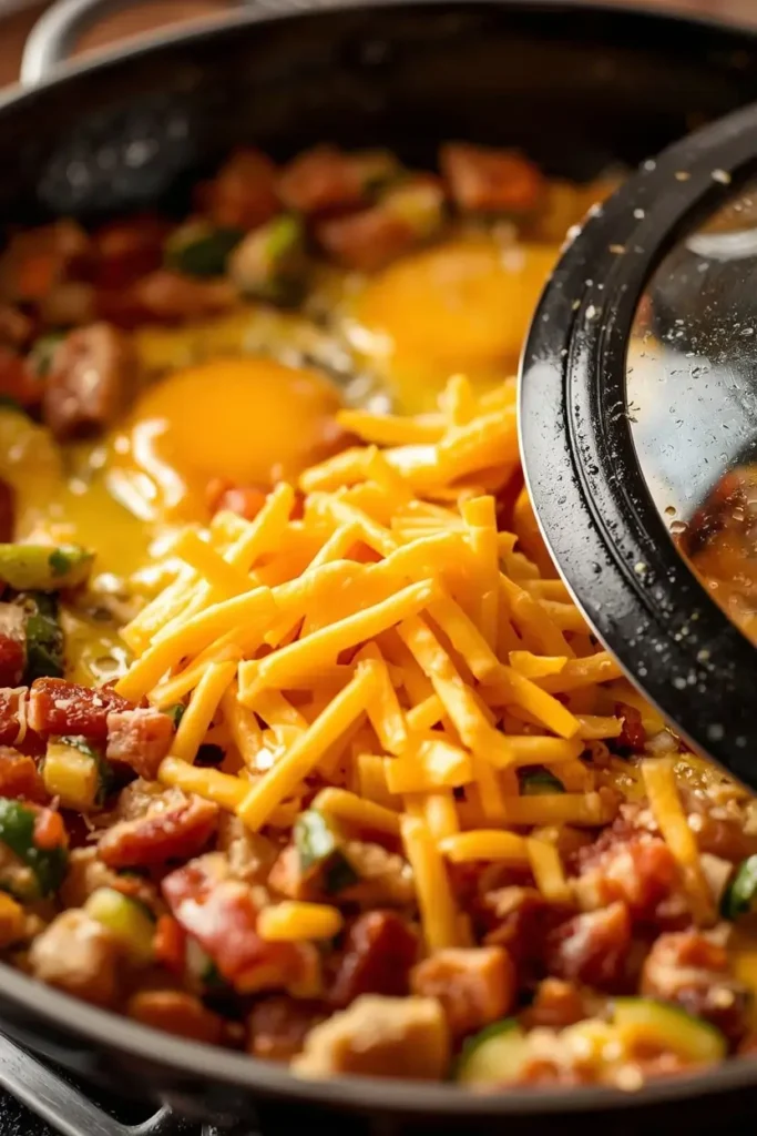 Turkey Bacon Breakfast Skillet 4 Turkey bacon breakfast skillet with melted cheddar cheese over eggs and vegetables