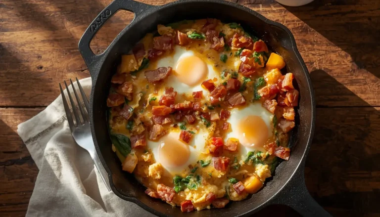 Overhead view of a turkey bacon breakfast skillet with eggs, peppers, and melted cheese