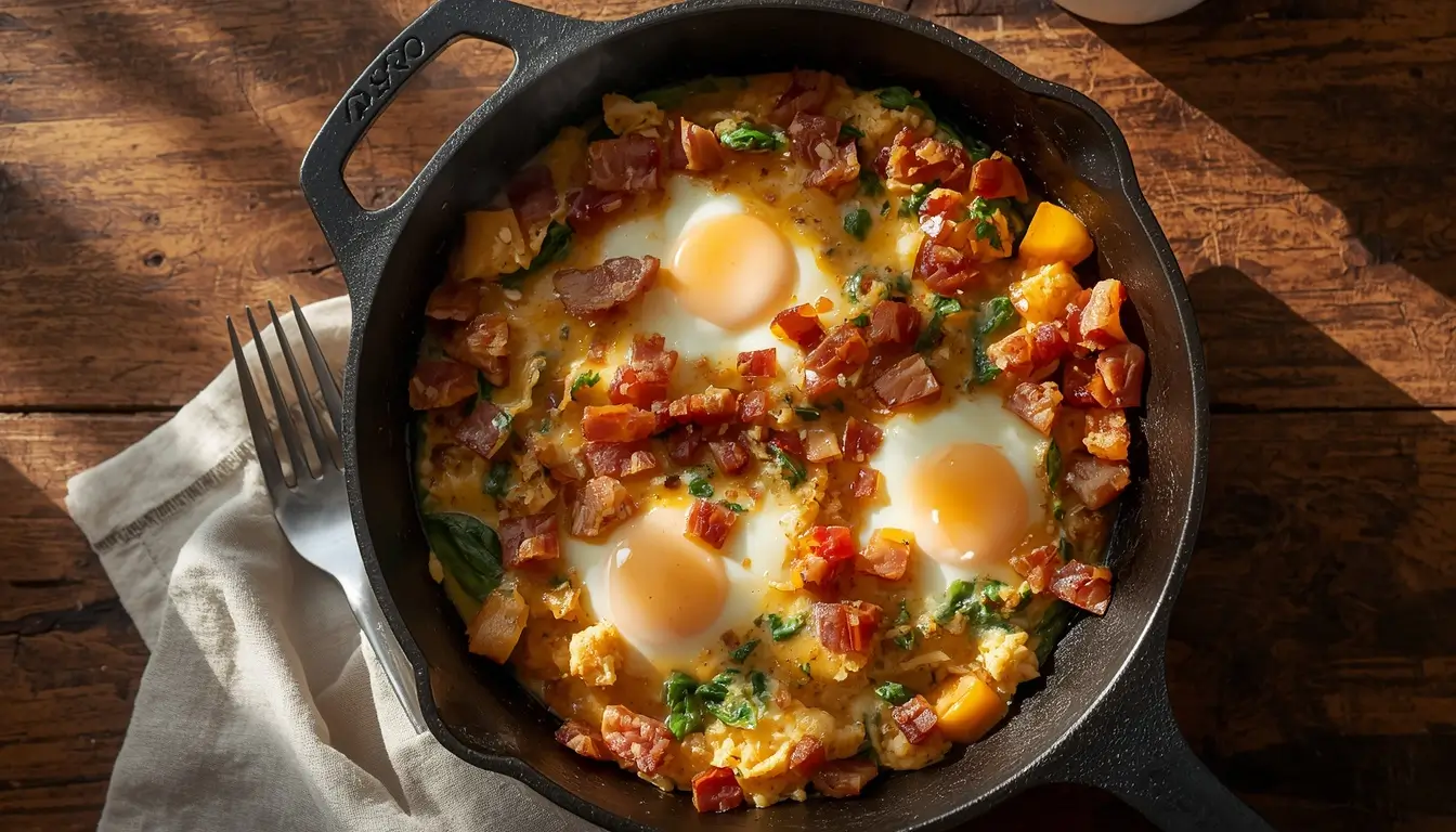Turkey Bacon Breakfast Skillet 1 Overhead view of a turkey bacon breakfast skillet with eggs, peppers, and melted cheese