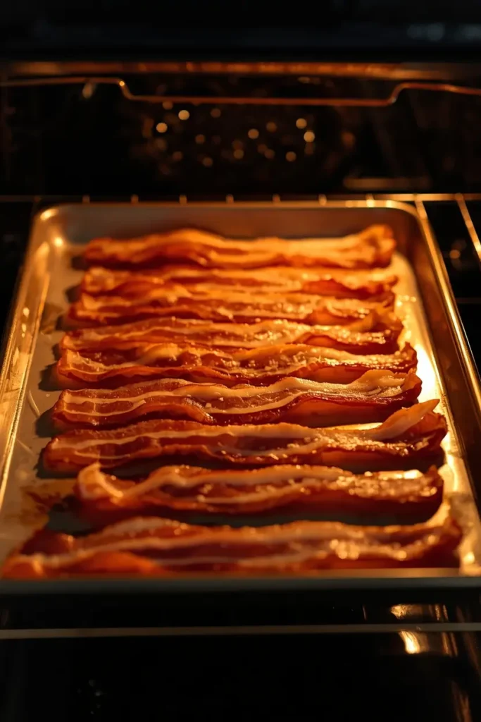 Turkey Bacon in the Oven 3 Turkey bacon in the oven baking until golden and crisp