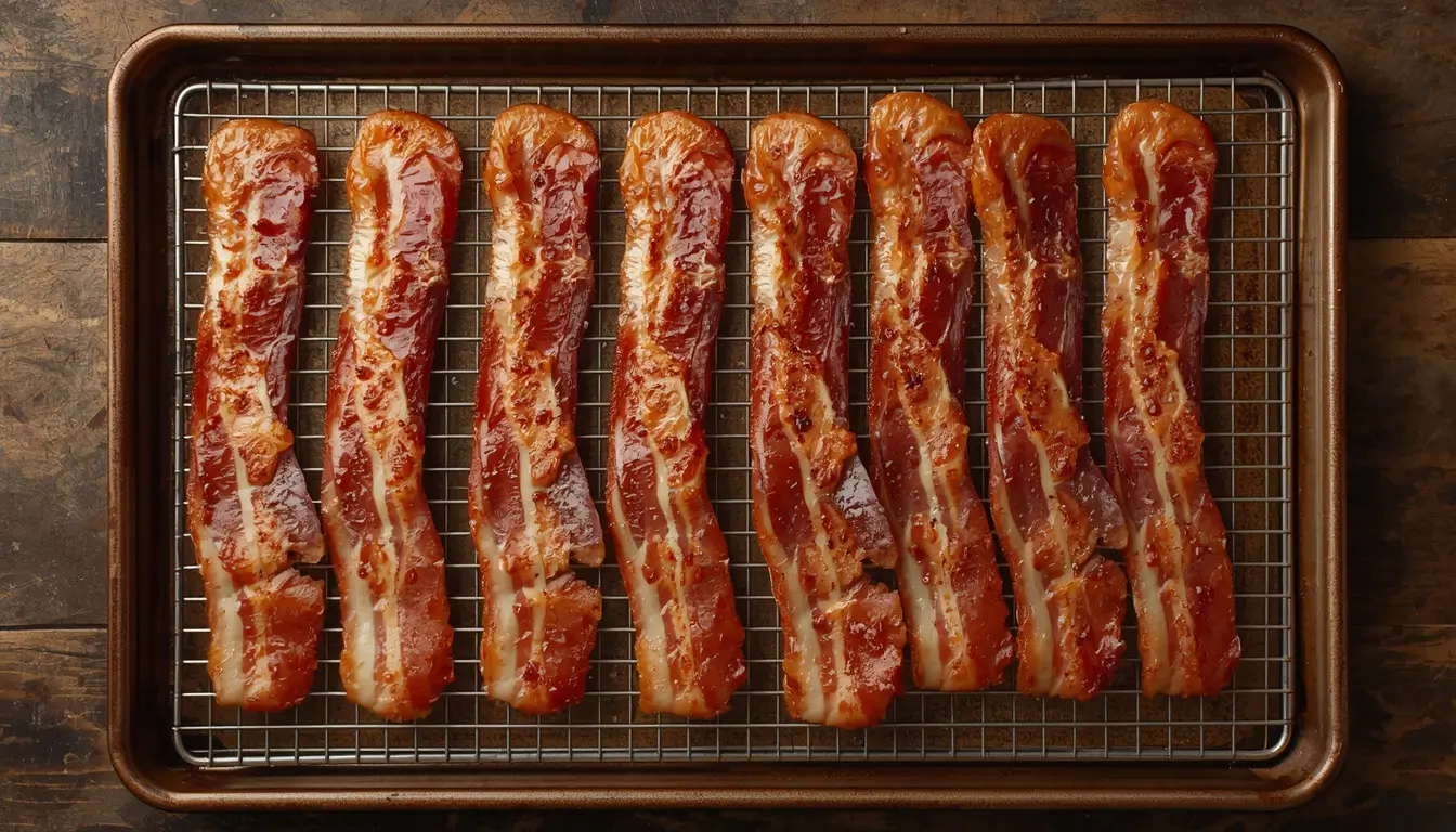 Turkey Bacon in the Oven 1 Crispy turkey bacon in the oven cooling on a wire rack