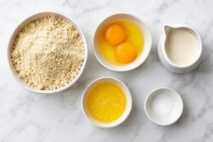 Almond Flour Crepes 2 Five ingredients for almond flour crepe recipe laid out on a countertop