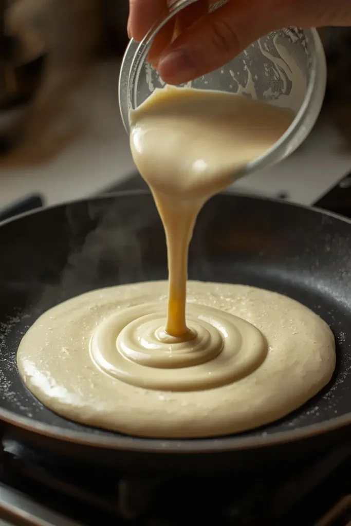 Almond Flour Crepes 3 Almond flour crepe batter being swirled in a hot skillet