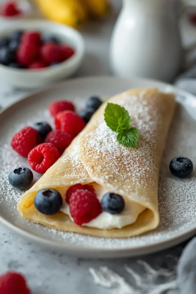 Almond Flour Crepes 4 Folded almond flour crepes filled with mascarpone and fresh berries