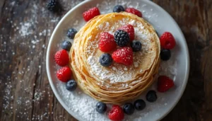 Almond Flour Crepes Stack of golden almond flour crepes on a white plate with fresh berries
