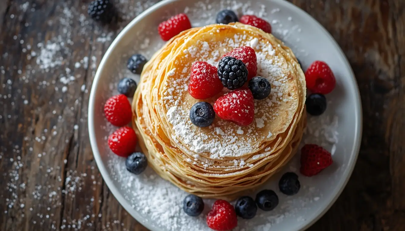 Almond Flour Crepes 1 Stack of golden almond flour crepes on a white plate with fresh berries