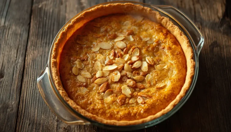 Golden baked almond flour pie crust in a glass pie dish on a wooden table