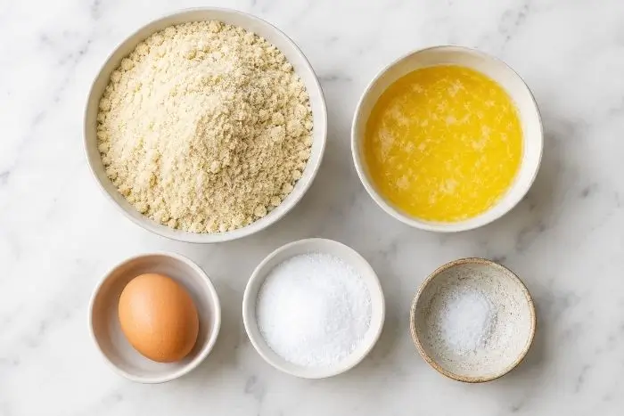 Ingredients for almond flour pie crust recipe including almond flour, butter, egg, and salt