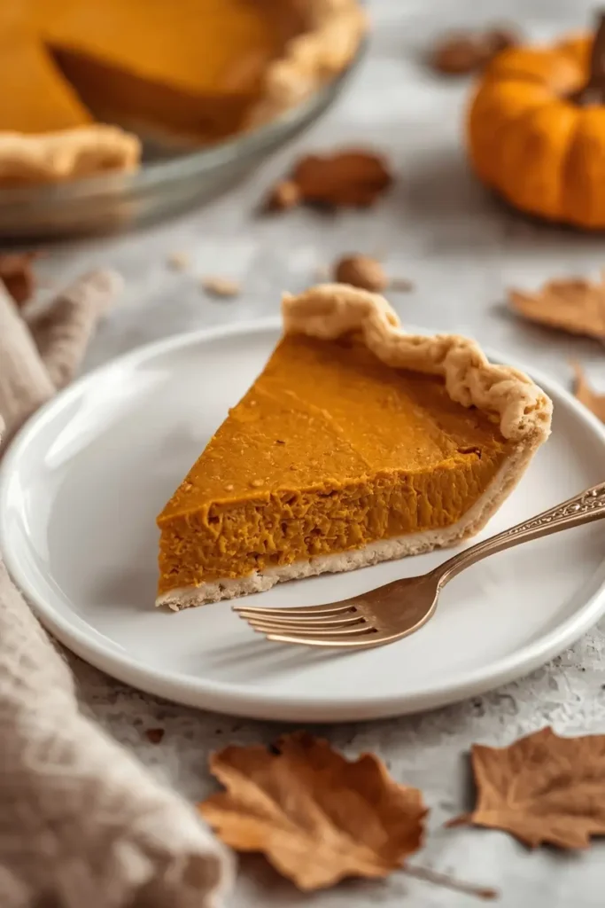Slice of pie on a plate showing the almond flour pie crust layer at the base