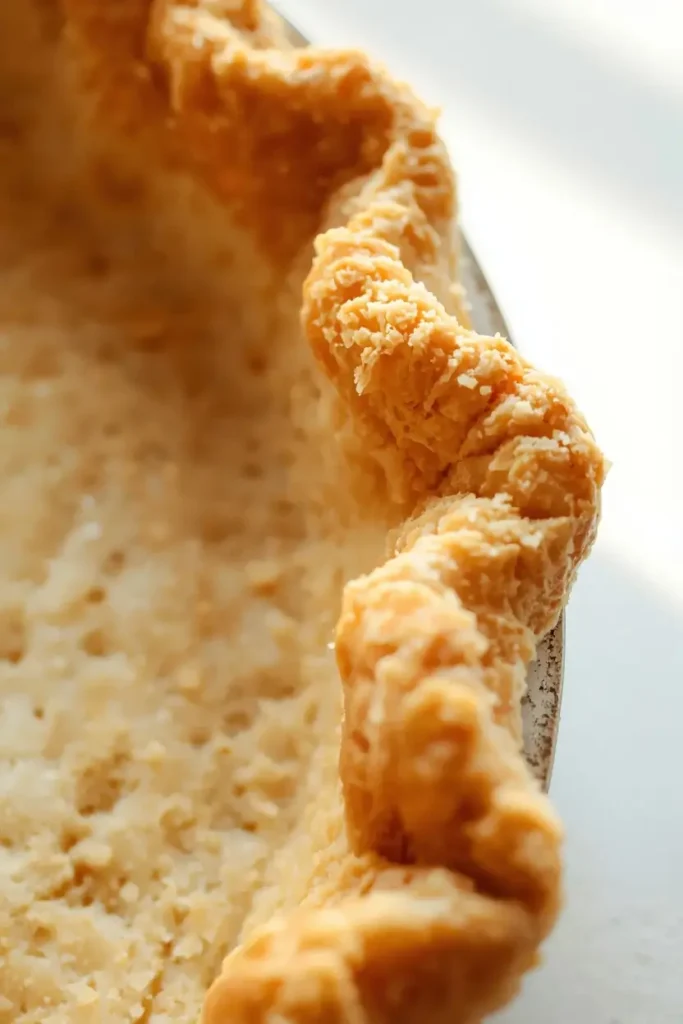 Close-up texture of a flaky golden almond flour pie crust