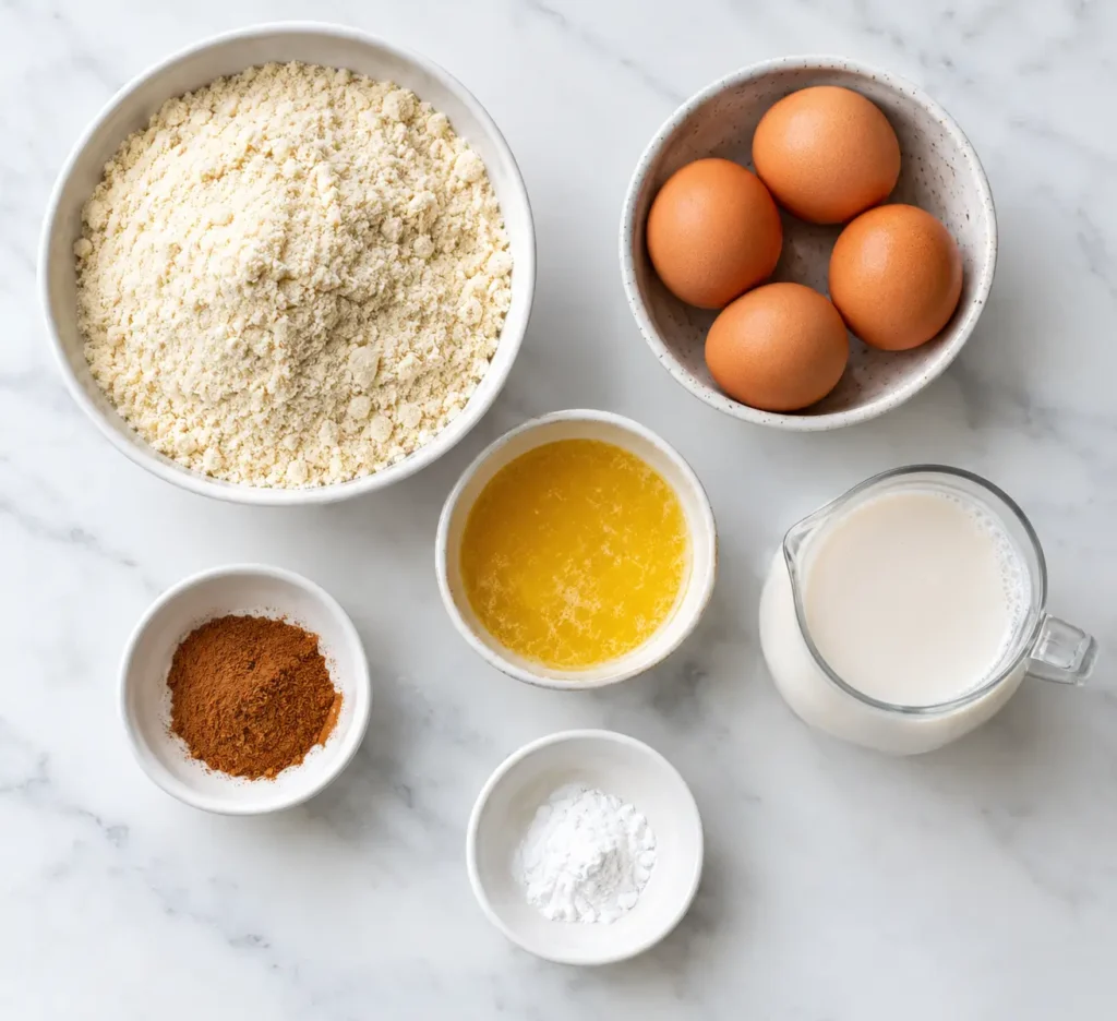 Almond Flour Waffles 2 Flat-lay of ingredients used in an almond flour waffle recipe including almond flour, eggs, and cinnamon