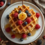 Stack of crispy almond flour waffles topped with butter and syrup on a white plate