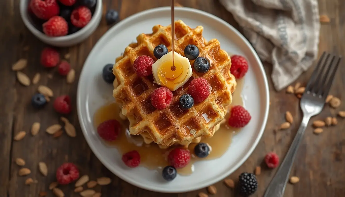 Almond Flour Waffles 1 Stack of crispy almond flour waffles topped with butter and syrup on a white plate