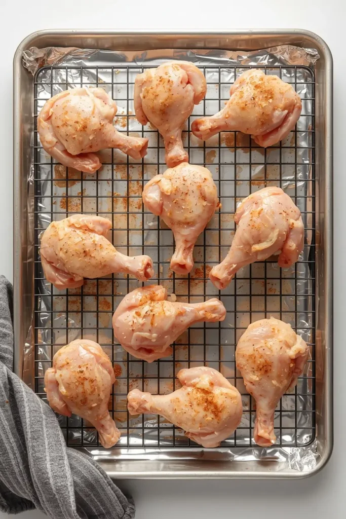 Hands rubbing paprika seasoning onto raw chicken drumsticks before baking