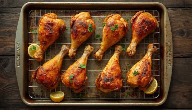 Crispy golden baked chicken legs on a wire rack with parsley and lemon wedges