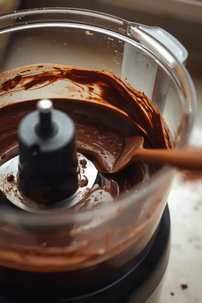 Keto Avocado Chocolate Pudding 4 Blender filled with smooth keto avocado chocolate pudding mixture with a spatula on the rim