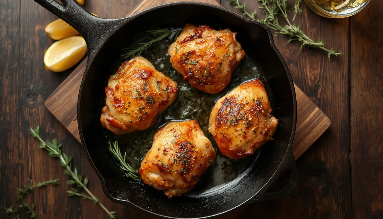 Cast Iron Skillet Chicken Thighs 1 Crispy cast iron skillet chicken thighs with garlic butter, lemon, and fresh thyme