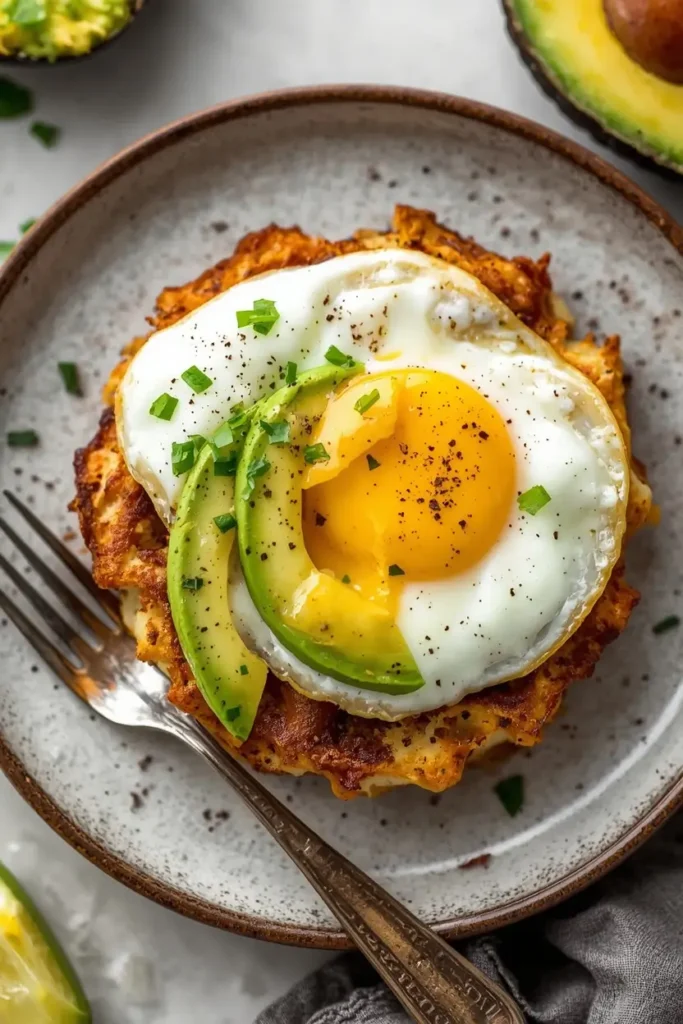 Chaffle Recipe 4 Chaffle recipe served as a breakfast sandwich with egg and avocado