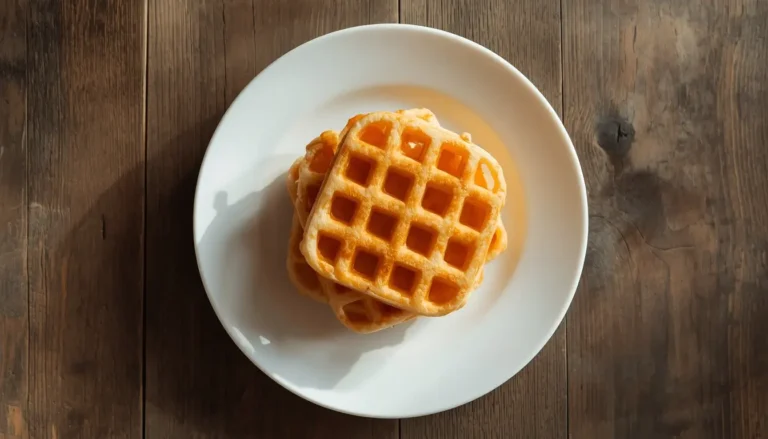 Stack of golden chaffle recipe chaffles on a white plate
