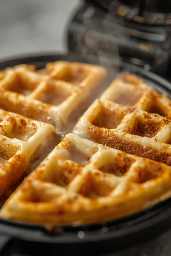 Chaffle Recipe 3 Chaffle recipe batter cooking in a mini waffle iron