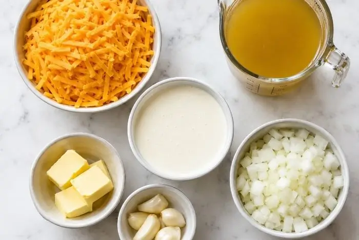 Flat lay of ingredients for a low-carb cheddar cheese soup recipe